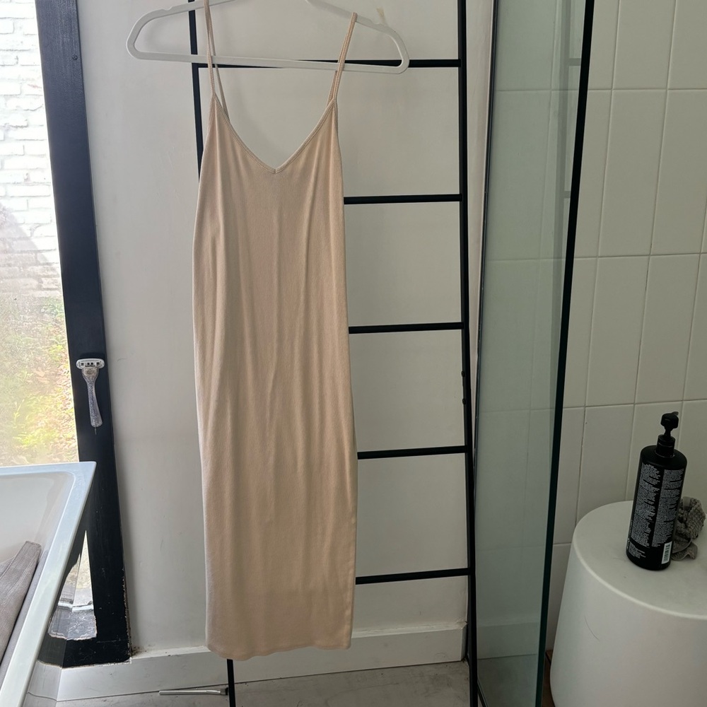 Ribbed Cream Spaghetti Strap Dress